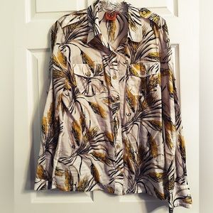 Tory Burch Brigitte White Cotton  Wheat Floral Button Down Blouse Top Sz 12